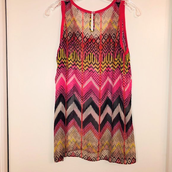 Vintage Carven Silk Chiffon Pink Print Knit Trim Long Sleeveless Top Oversized - Picture 8 of 12